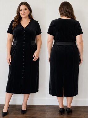 Vintage 90s Black Faux Suede Button Front Dress 16 Whimsigoth Witchy Dark Fairy